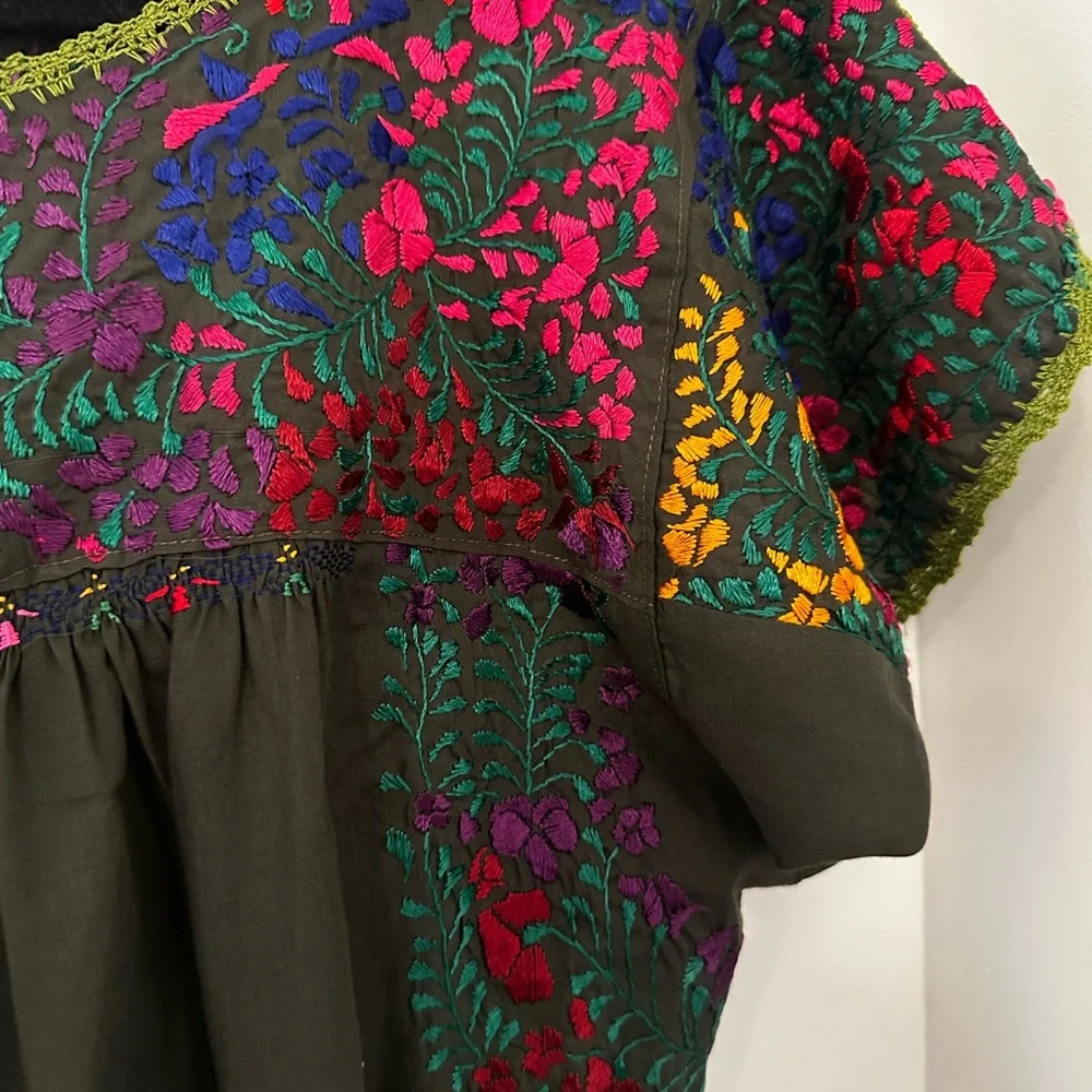 Colorful Mexican Embroidered Maxi Dress Olive Green - Picture 4 of 5